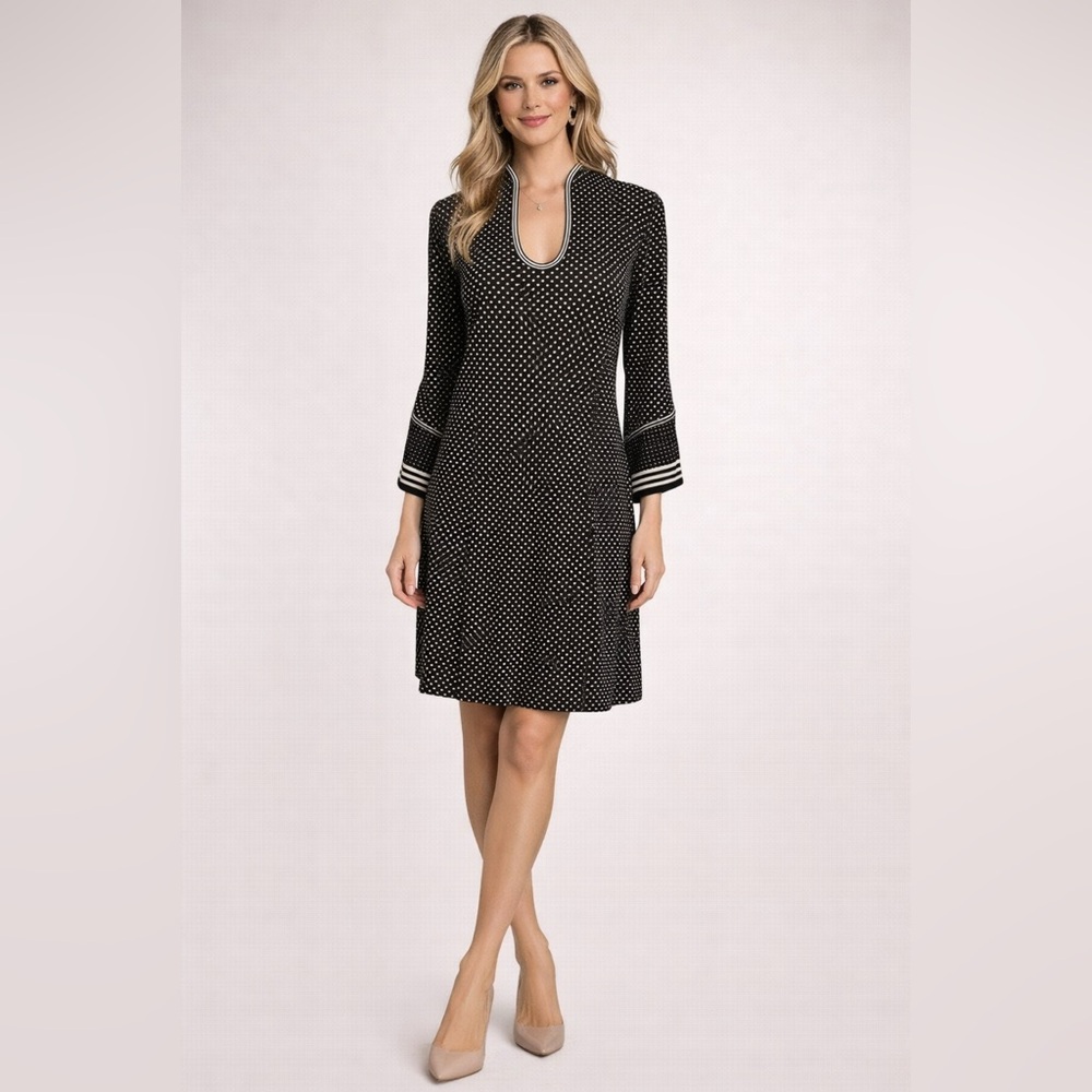 Max Studio Dress Black White Large L Fall 3/4 Long Sleeve Stretch Shift